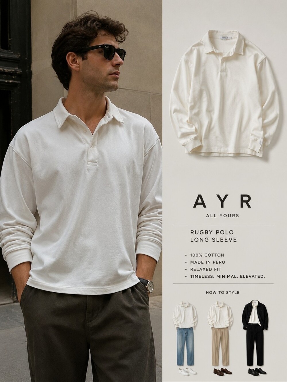 AYR All Yours Cream Rugby Polo L Oversized Minimalist Cotton Peru